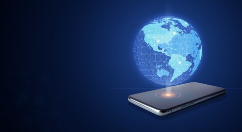 Image of Global network. Smartphone with digital image of Earth on dark blue background. Banner design with space for text