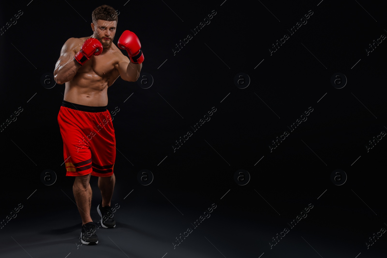 Photo of Man in boxing gloves fighting on black background. Space for text