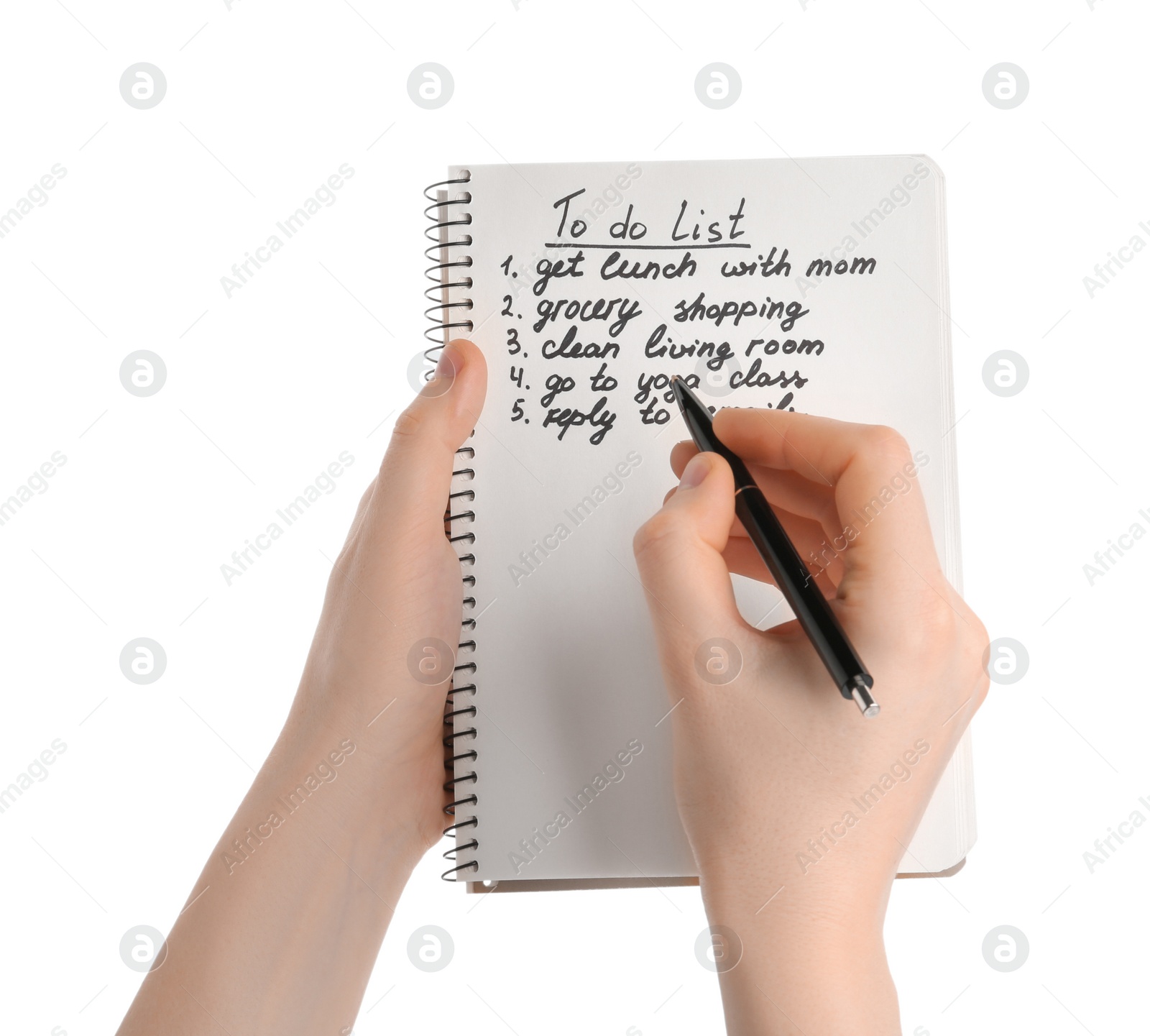 Photo of Woman checking to do list on white background, closeup