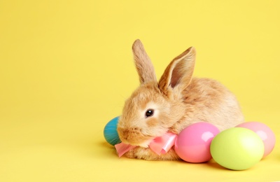 Adorable furry Easter bunny with cute bow tie and dyed eggs on color background, space for text