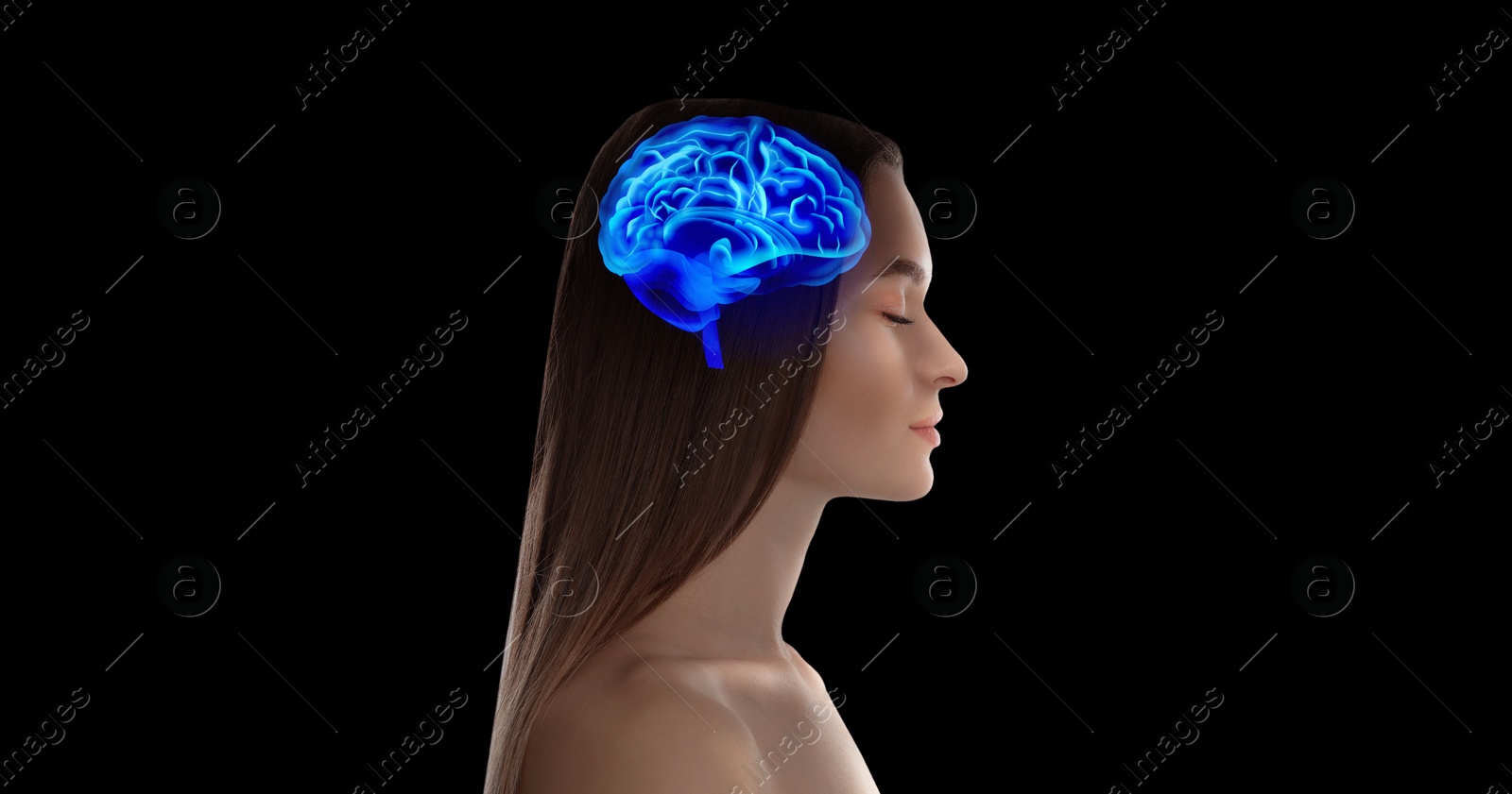 Image of Thinking concept. Young woman and illustrated brain on black background