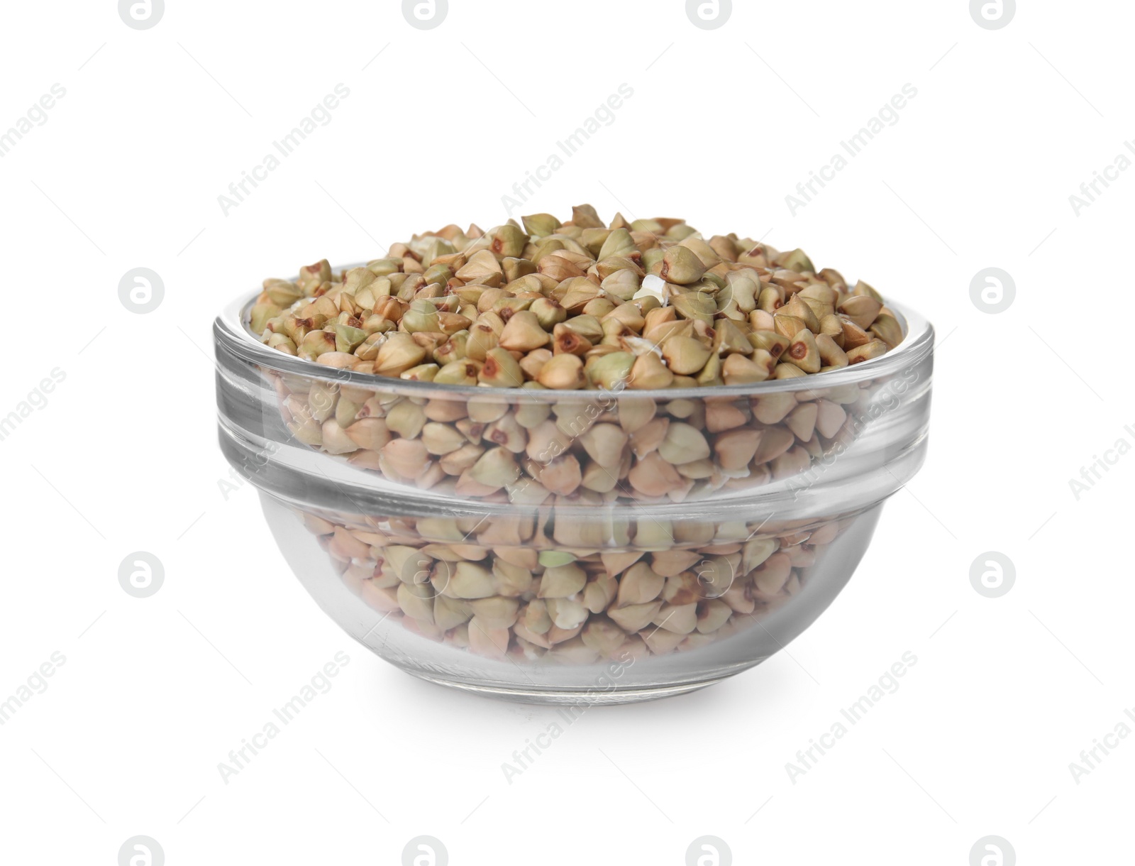 Photo of Organic green buckwheat in glass bowl isolated on white