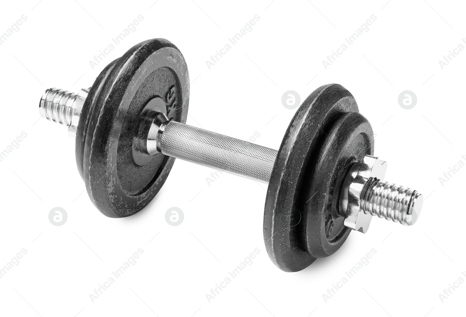 Photo of Metal dumbbell isolated on white. Sports equipment