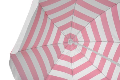 Open red striped beach umbrella isolated on white. Inner side