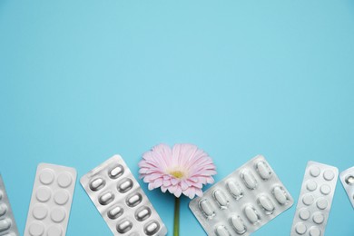 Many gynecological pills and gerbera flower on light blue background, flat lay. Space for text