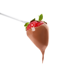 Strawberry with milk chocolate on fondue fork against white background