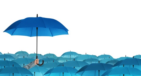 Image of Person holding umbrella over other on white background 