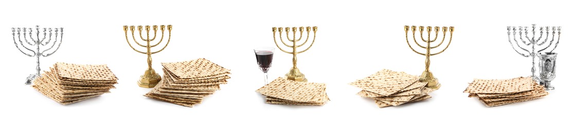 Image of Set with Passover matzos, wine and menorahs on white background, banner design. Pesach celebration