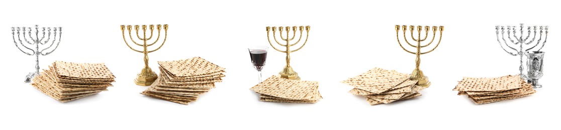 Set with Passover matzos, wine and menorahs on white background, banner design. Pesach celebration