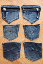 Photo of Flat lay composition with jeans pockets on table