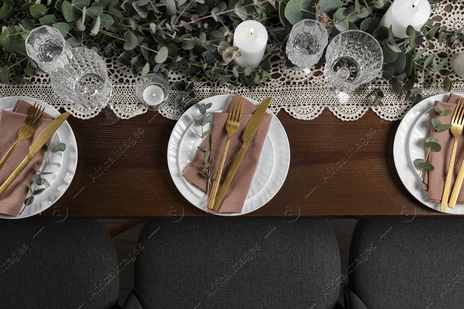 Photo of Stylish elegant table setting for festive dinner, flat lay