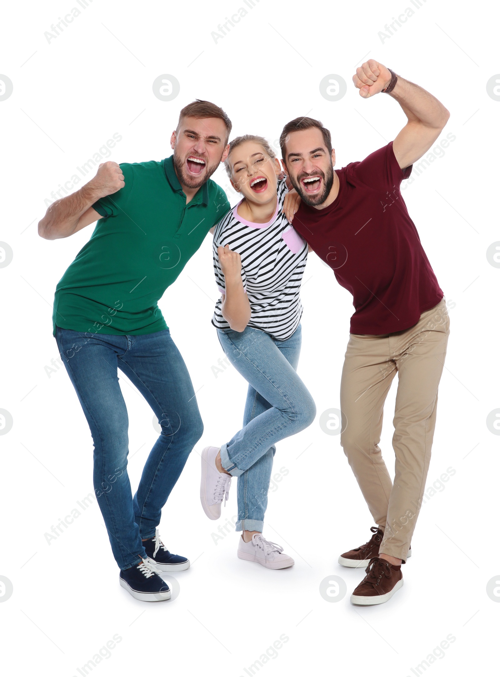 Photo of Young people celebrating victory on white background