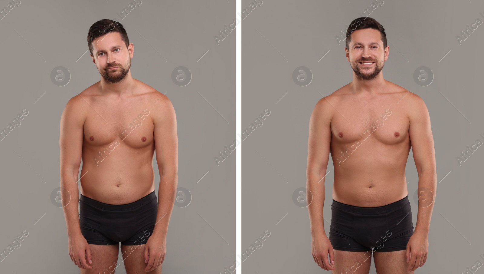 Image of Collage with portraits of man before and after weight loss on grey background