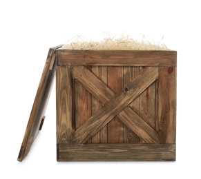 Photo of Old open wooden crate with filler and lid isolated on white