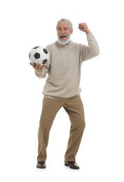 Photo of Happy senior sports fan with soccer ball isolated on white