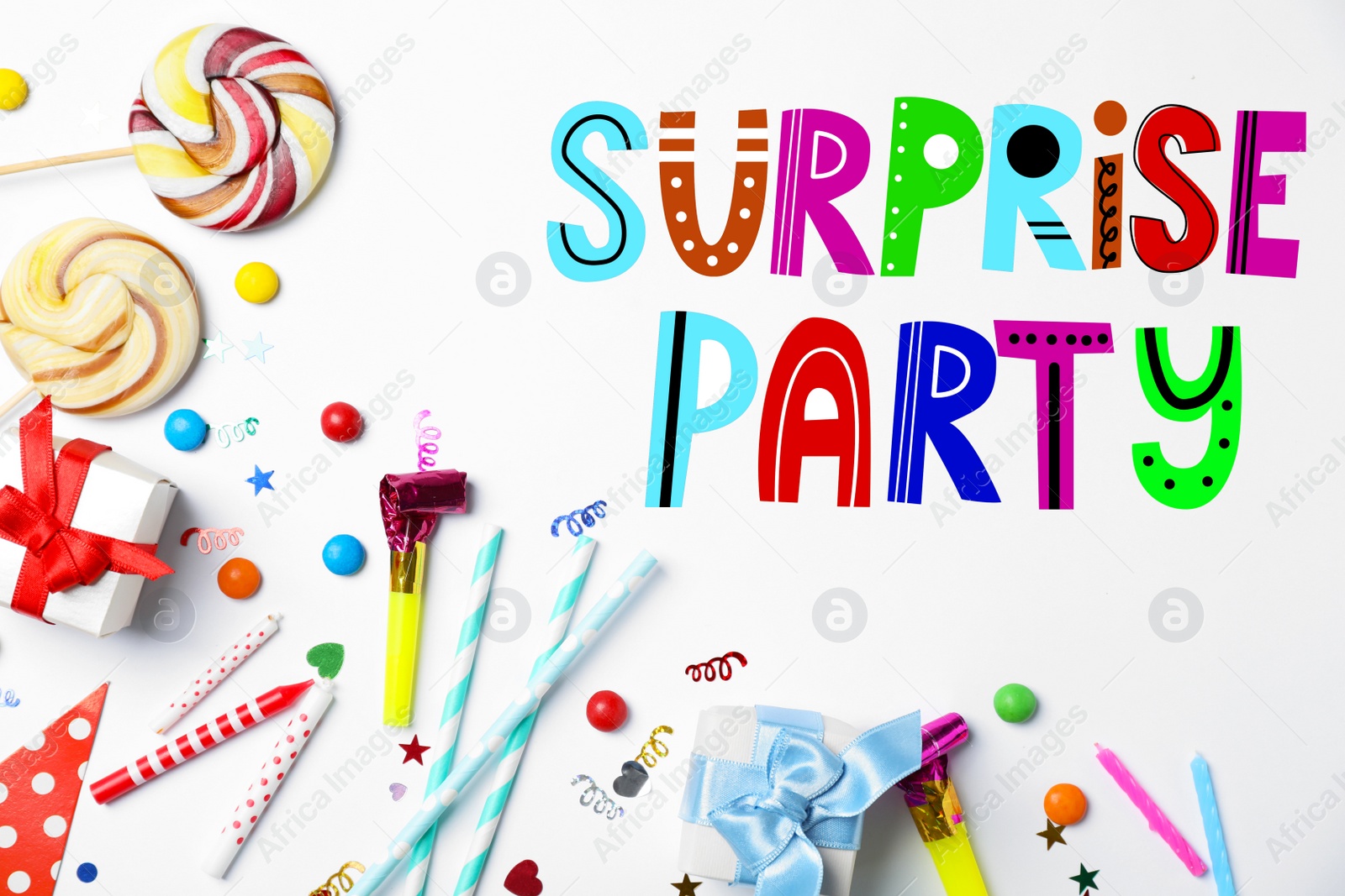 Image of Flat lay composition with different items for surprise party on white background