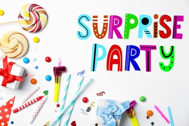 Flat lay composition with different items for surprise party on white background