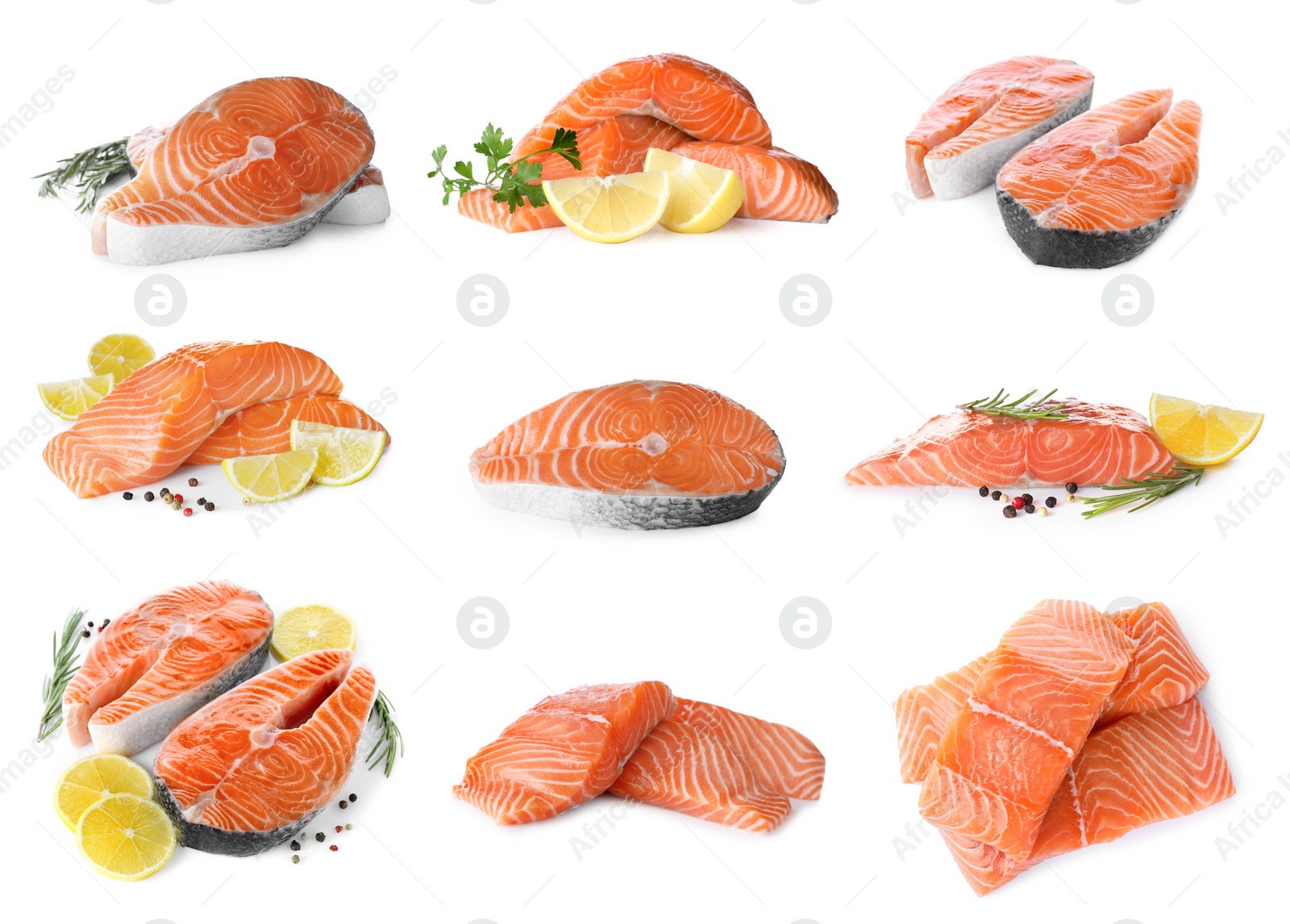 Image of Set of fresh raw salmon on white background. Fish delicacy