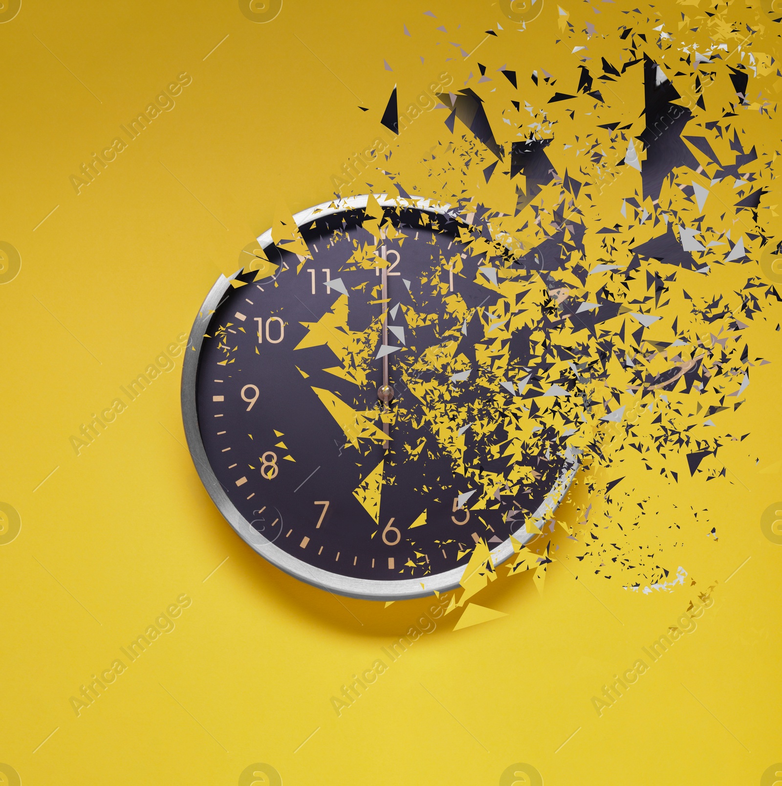 Image of Fleeting time concept. Analog clock dissolving on yellow background