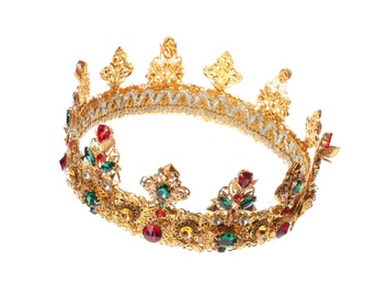Photo of Beautiful golden crown on white background. Fantasy item