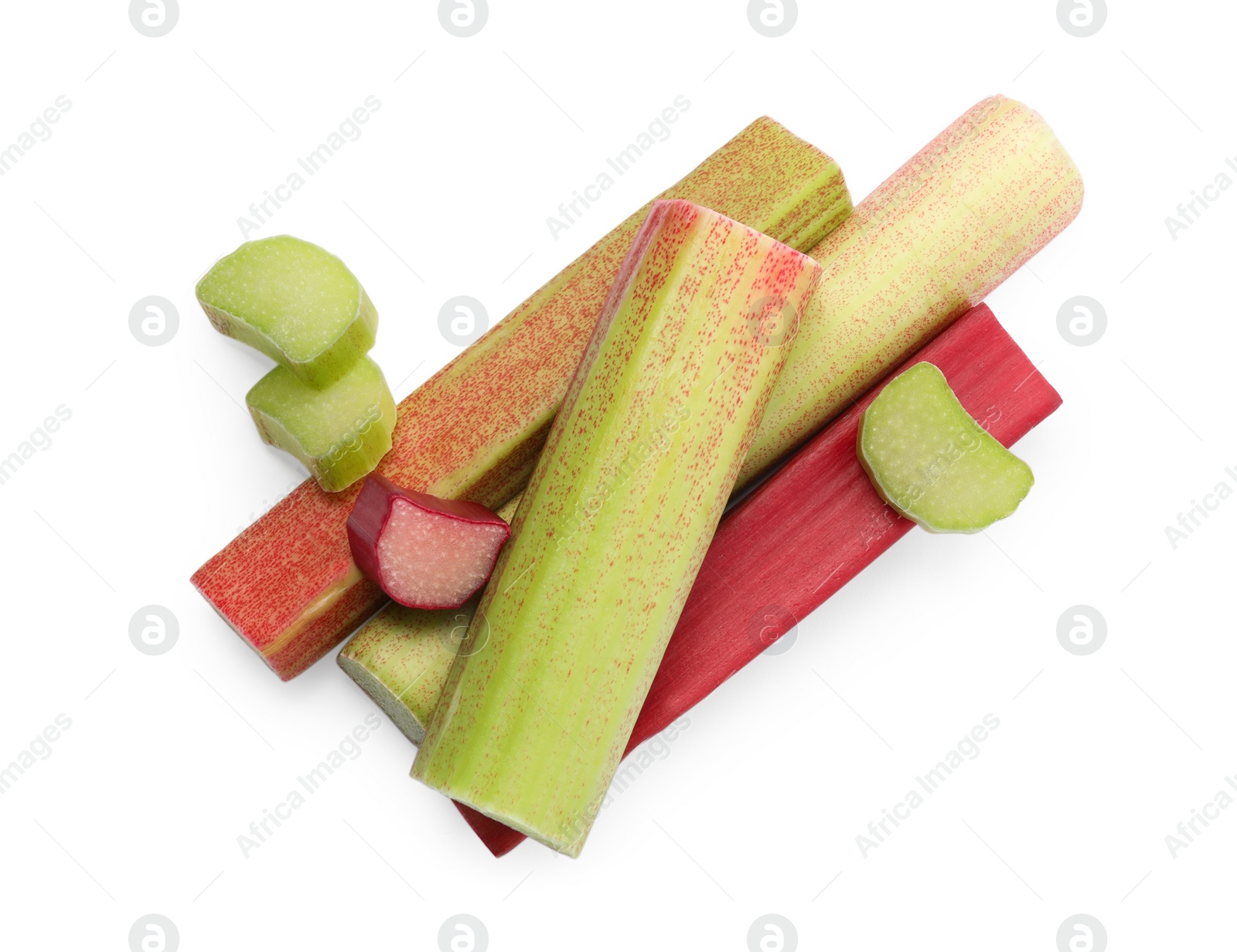 Photo of Cut fresh ripe rhubarb isolated on white, top view