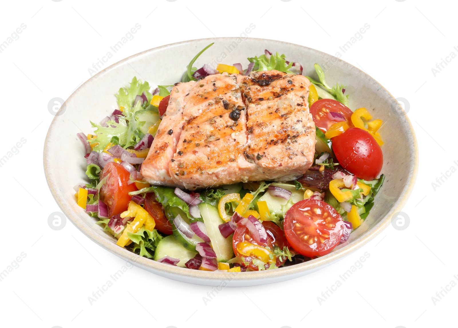 Photo of Bowl with tasty salmon and mixed vegetables on white background