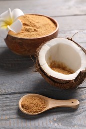 Coconut sugar, spoon, bowl and fruit on grey wooden table, closeup