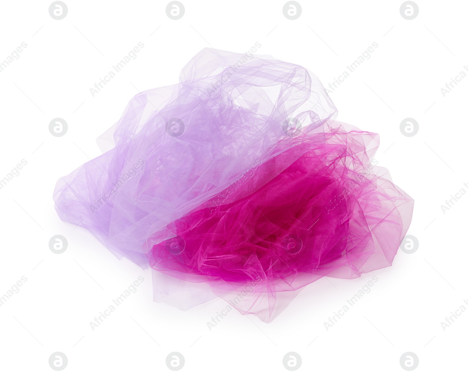 Photo of Beautiful colorful tulle fabrics on white background