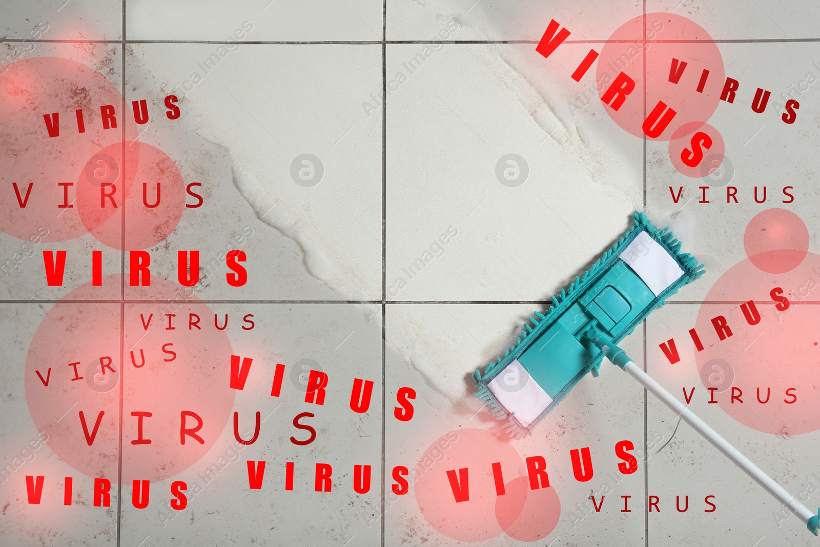 Image of Cleaning vs viruses. Washing floor with mop and disinfecting solution, top view