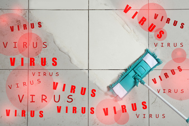 Image of Cleaning vs viruses. Washing floor with mop and disinfecting solution, top view