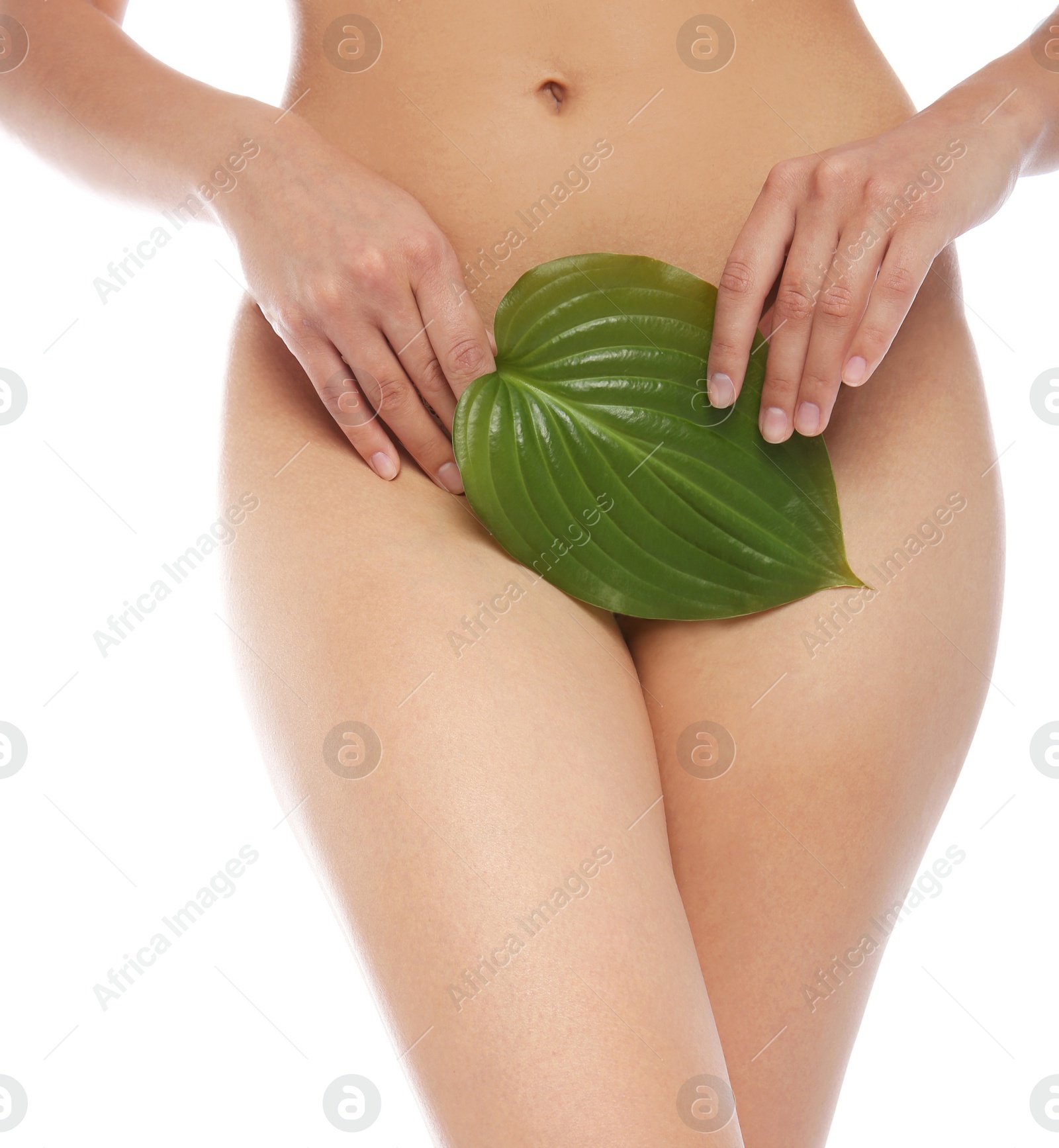 Photo of Young woman with leaf showing smooth skin after bikini epilation on white background