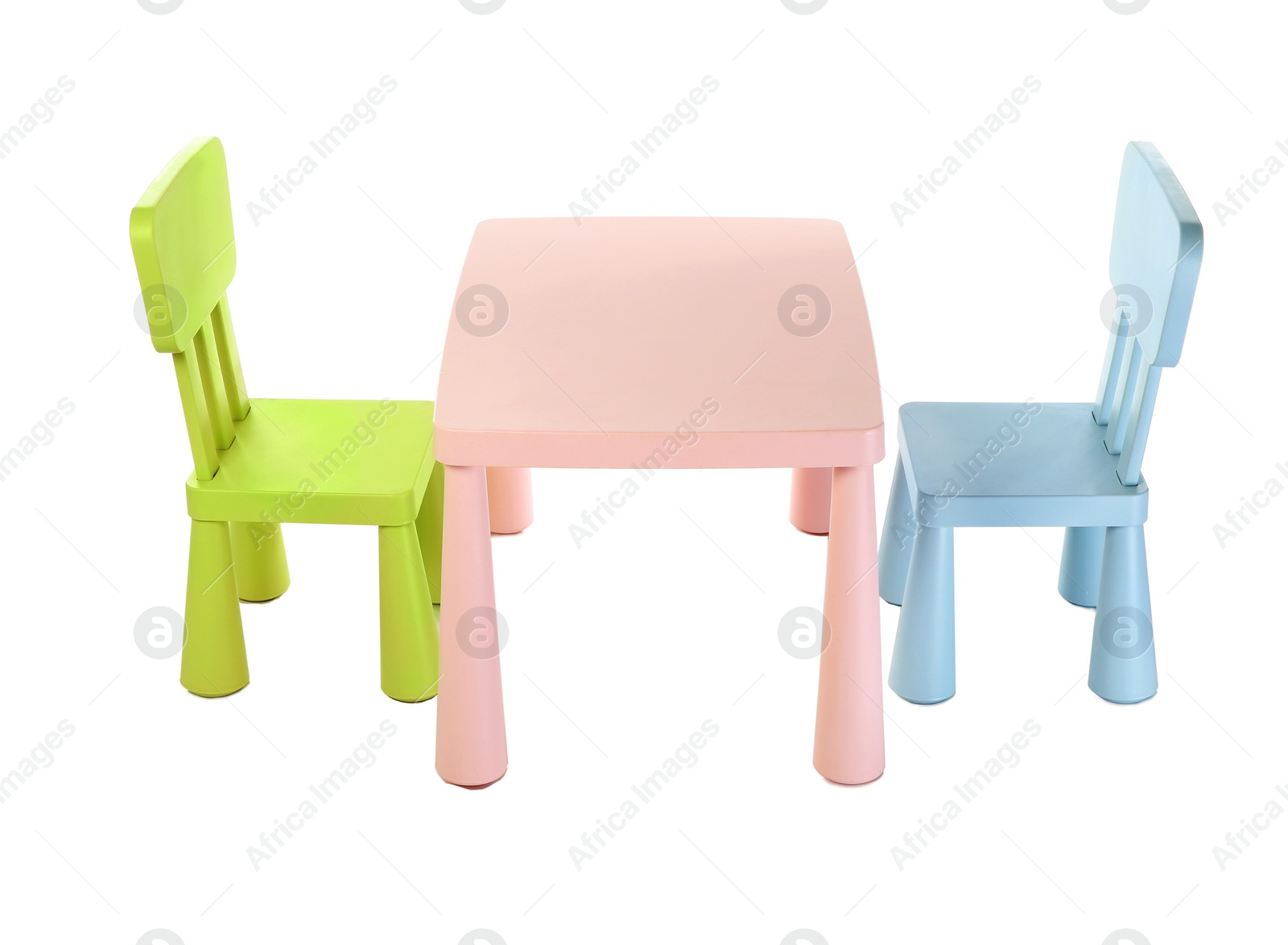 Photo of Colorful table and chairs for little kids isolated on white