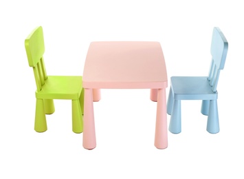 Colorful table and chairs for little kids isolated on white