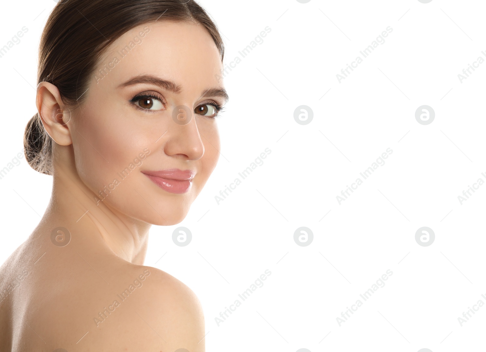 Photo of Portrait of young woman with beautiful face on white background