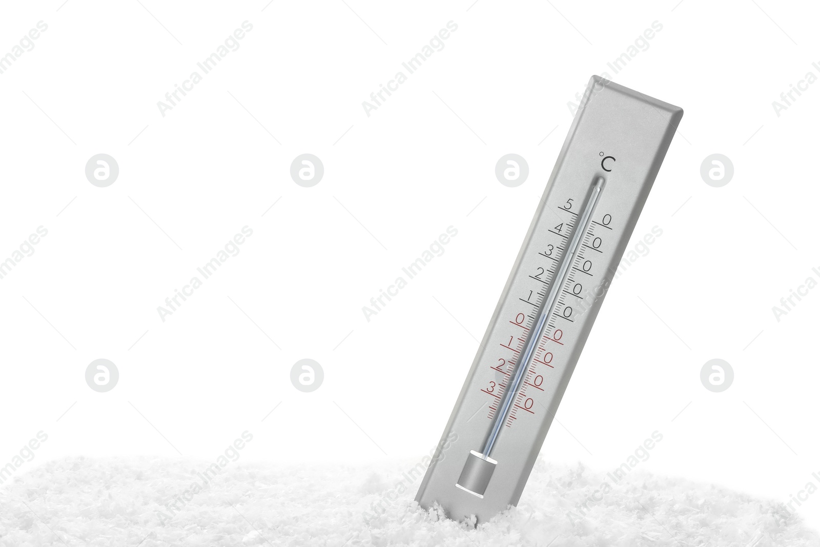 Photo of Weather thermometer in snow against white background