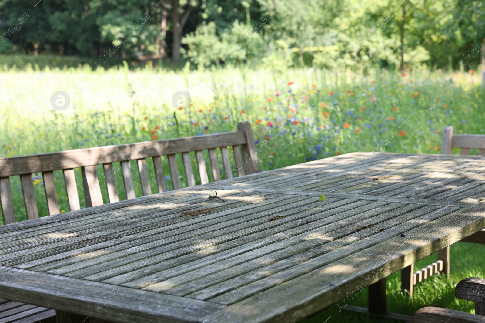 Photo of Empty wooden table with bench on sunny day in garden