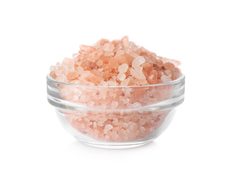 Photo of Pink himalayan salt in glass bowl isolated on white