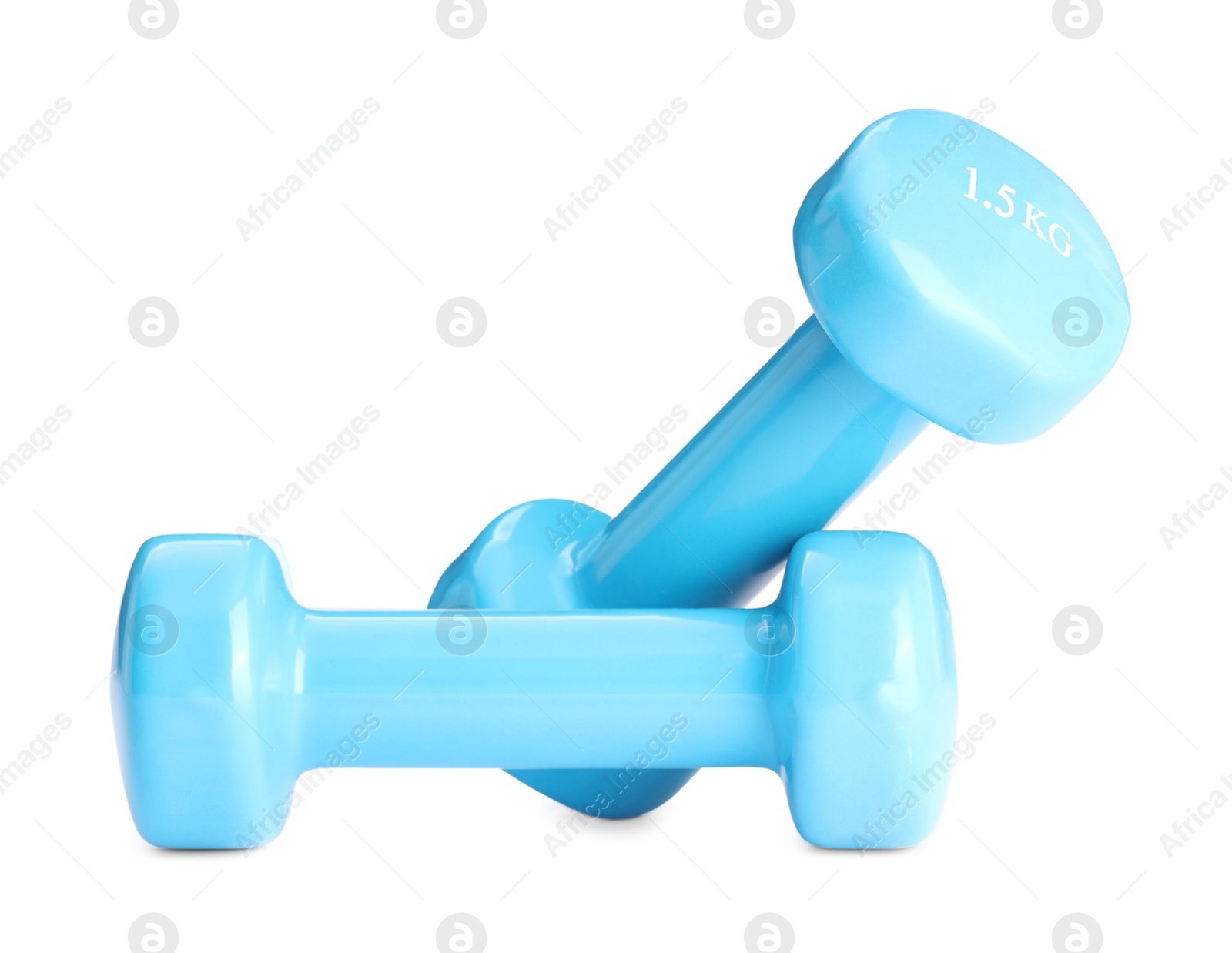 Photo of Light blue dumbbells isolated on white. Sports equipment