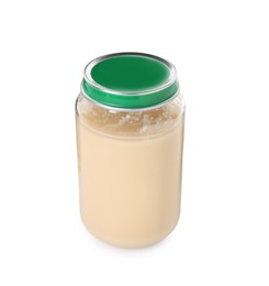 Photo of Baby food. Tasty healthy puree in jar isolated on white