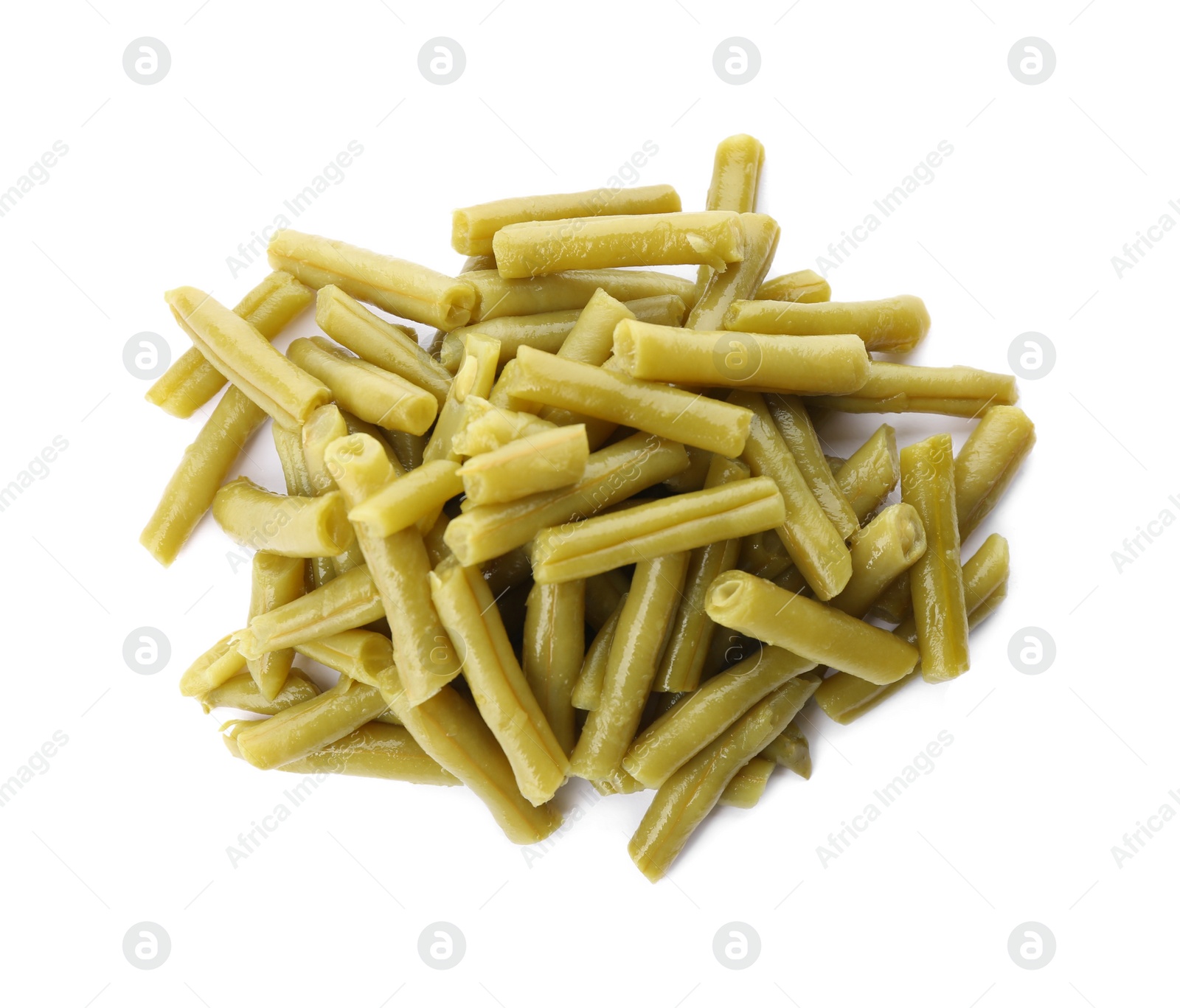 Photo of Pile of canned green beans on white background, top view