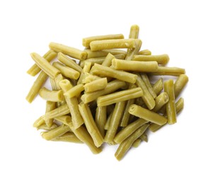 Photo of Pile of canned green beans on white background, top view