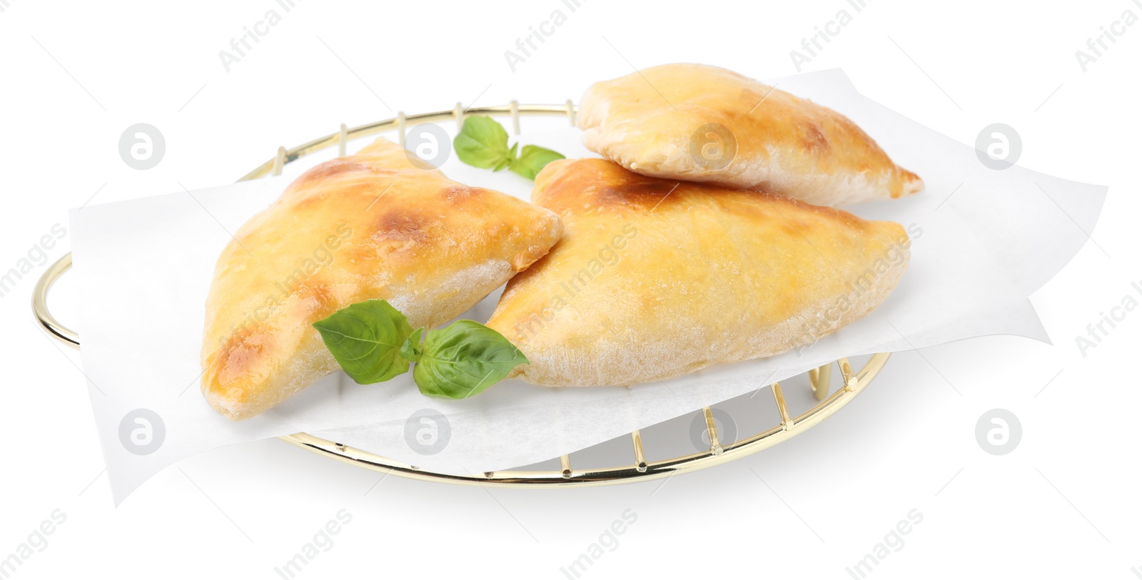 Photo of Delicious samosas and basil isolated on white