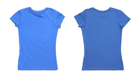 Image of Blue t-shirt with space for design isolated on white. Back and front views