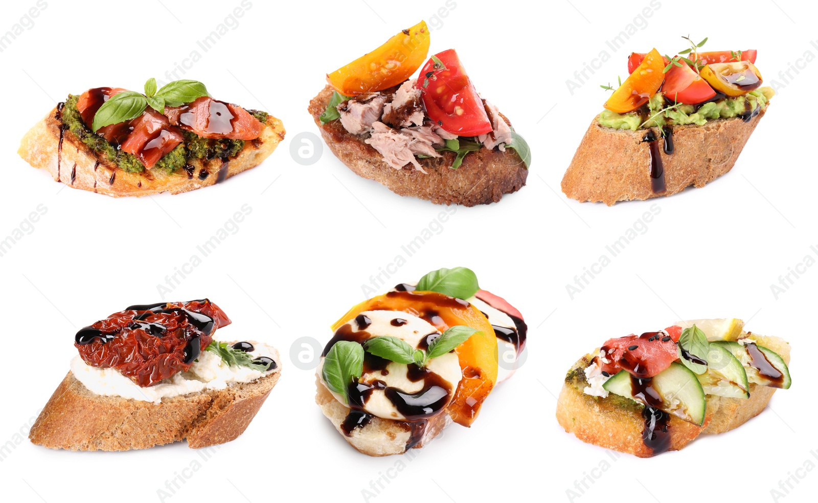 Image of Delicious bruschettas with balsamic vinegar isolated on white, collection