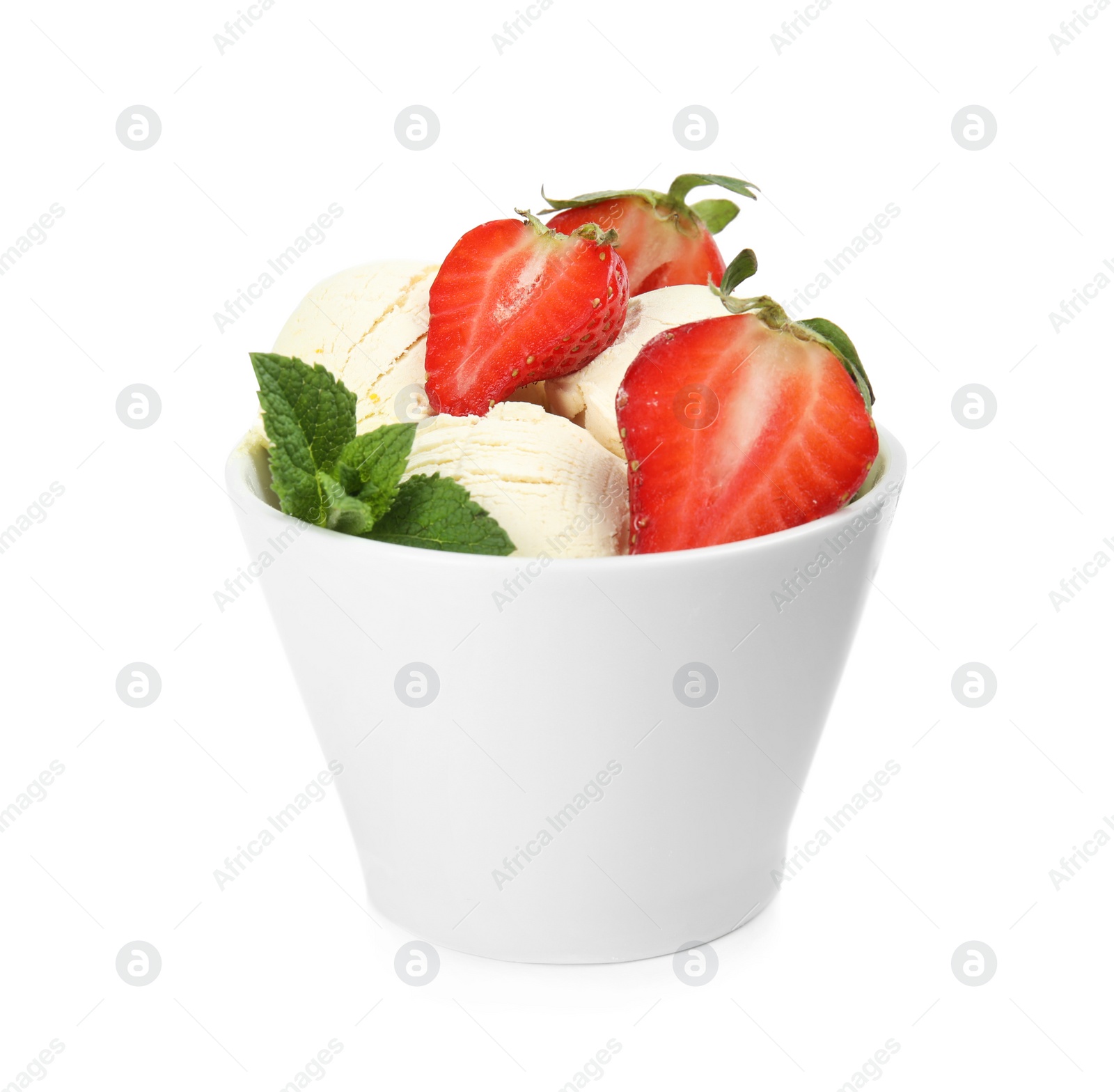 Photo of Delicious vanilla ice cream with strawberries and mint in dessert bowl on white background