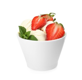 Photo of Delicious vanilla ice cream with strawberries and mint in dessert bowl on white background