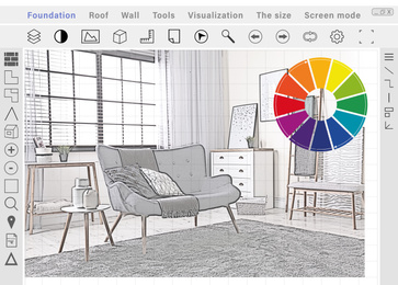 Image of Sketch of living room interior on graphic tablet. Illustration