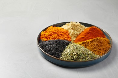 Photo of Plate with different spices on light grey table. Space for text