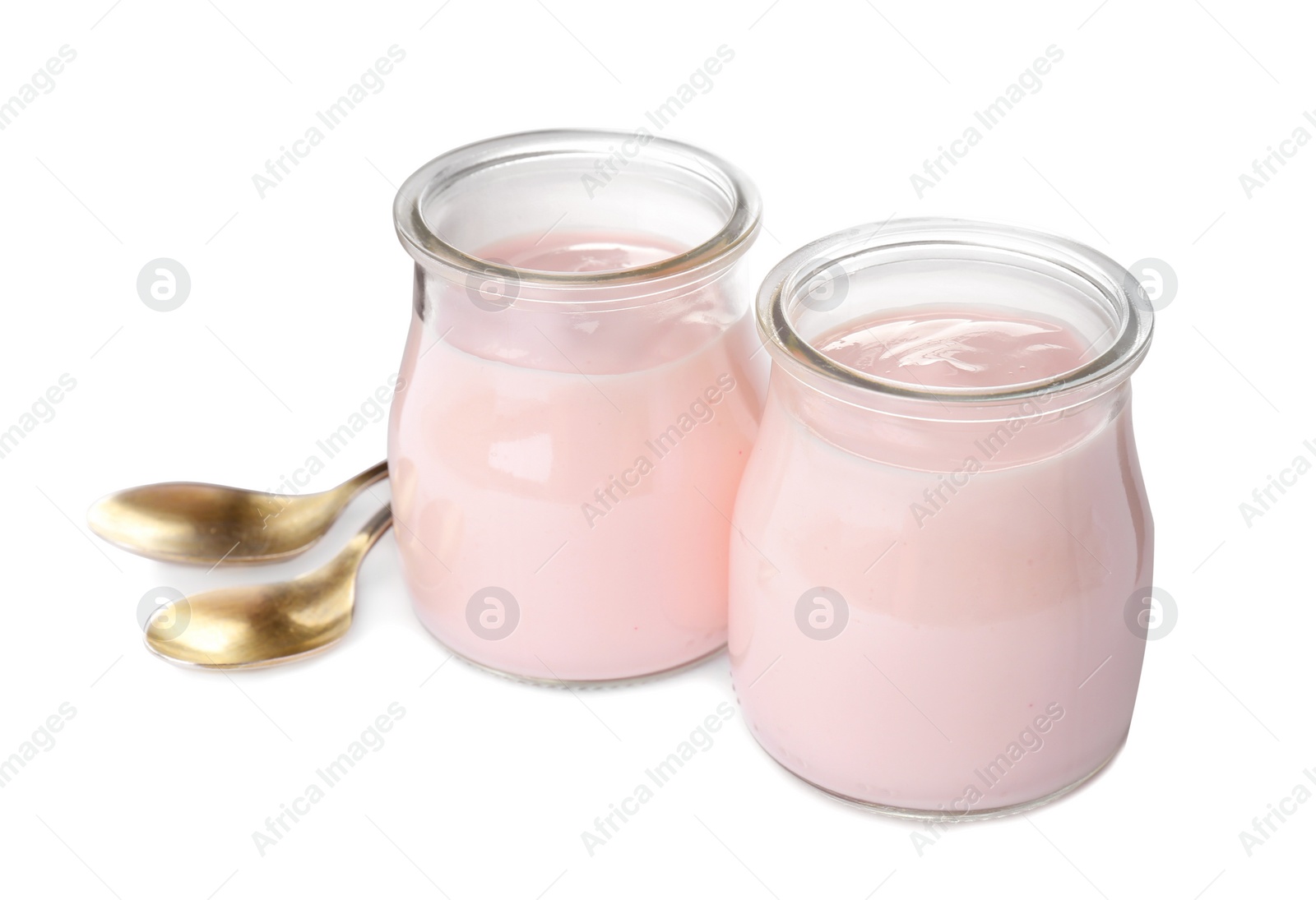 Photo of Jars with yummy yogurt on white background