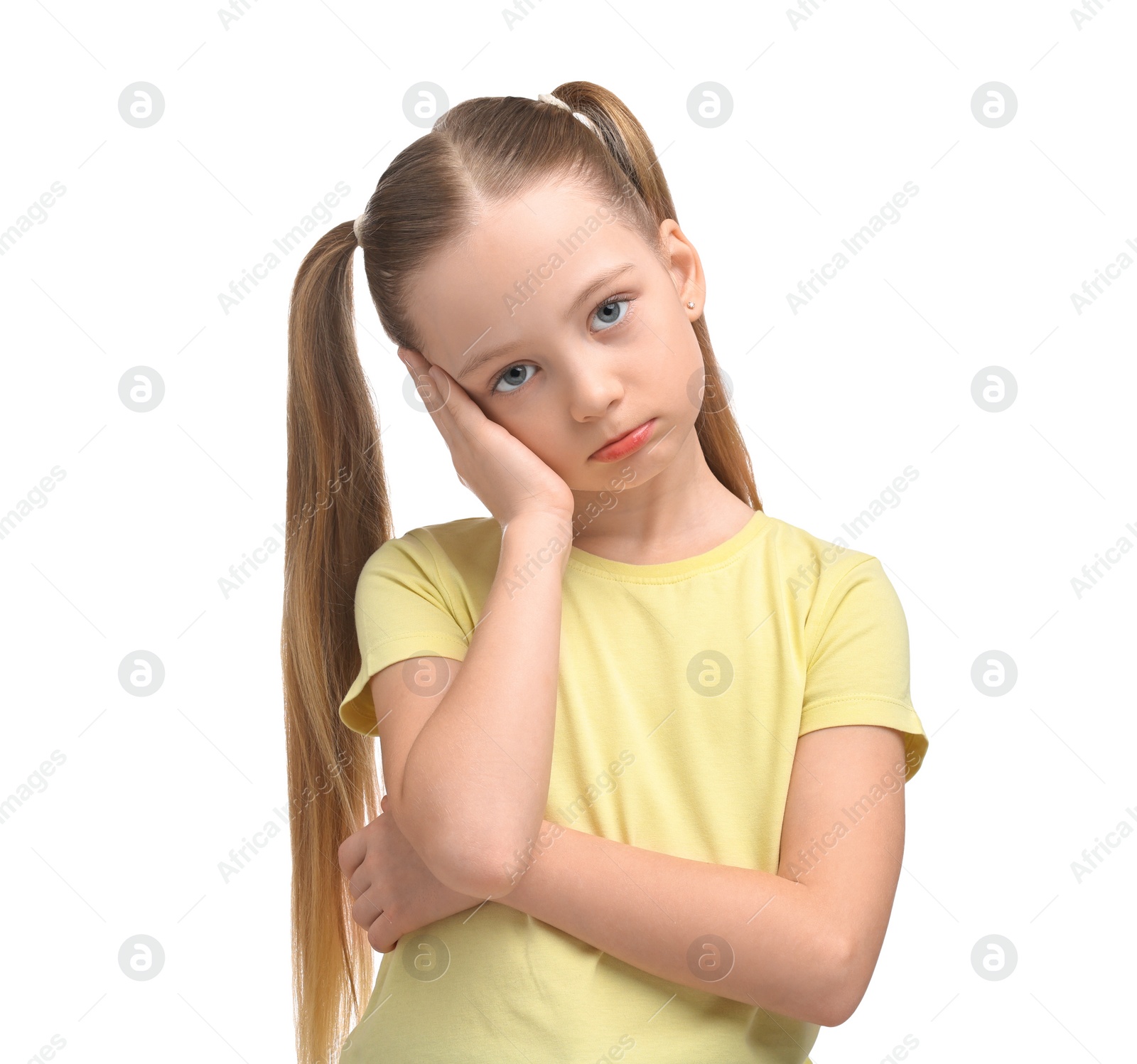 Photo of Portrait of sad girl on white background